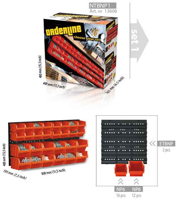 Sada závesných plastových zásobníkov, 16 stredných, 12 veľkých, XL-TOOLS