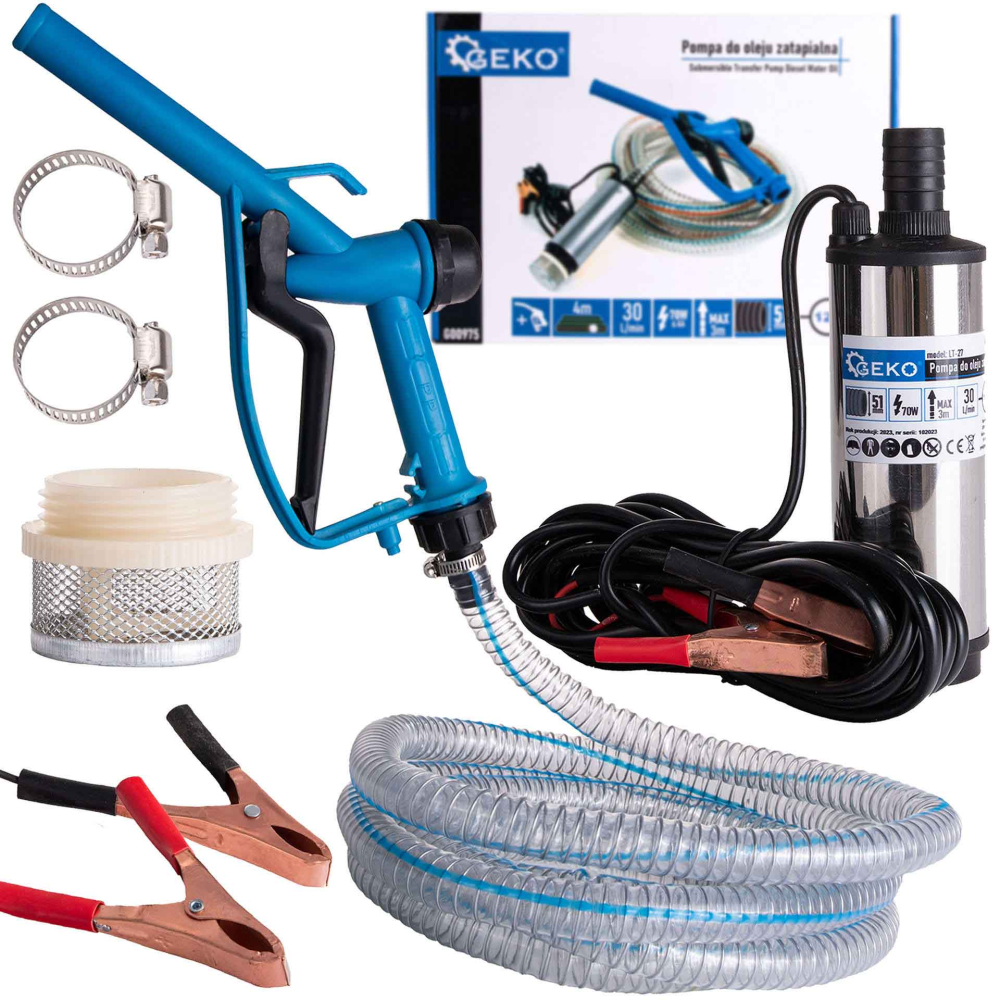 Čerpadlo na olej s 4 m hadicou a pištoľou, 12 V,  priemer čerpadla 51 mm, GEKO