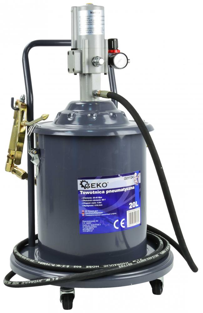 Maznica pneumatická, objem 20 litrov, tlak na výstupe 300-400 bar,  hadica 4 m, GEKO