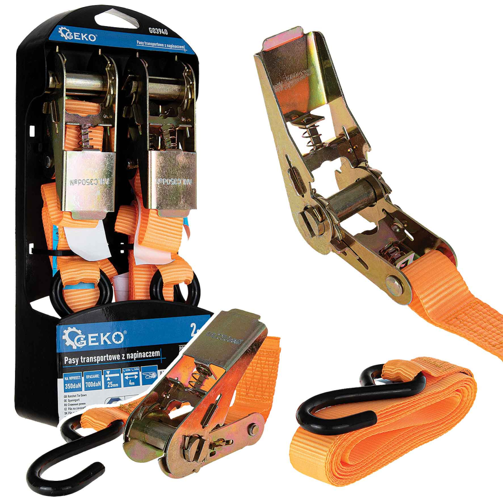 Remeň upínací s račňou 700 kg, sada 2 ks, 25 mm x 4 m, GEKO