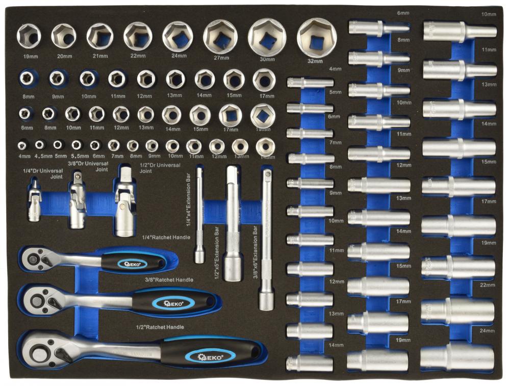 Sada hlavíc s račňami 1/4" 3/8" 1/2", 80-dielna, rozmer 51 x 39 cm, GEKO