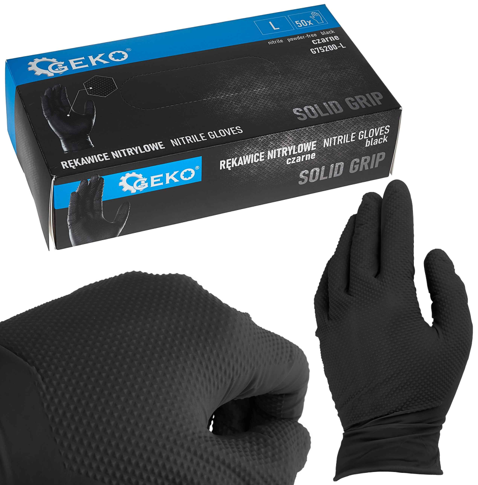 Rukavice nitrilové čierne, sada 50ks, veľkosť S, SOLID GRIP, GEKO