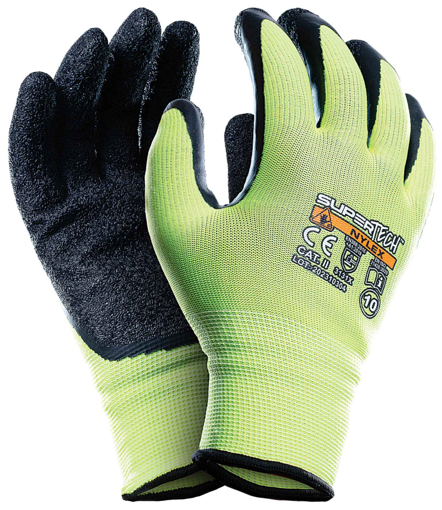 Ochranné rukavice SUPER TECH NYLEX, žltozelená priadza, latexová dlaň, veľkosť 9, VASKO