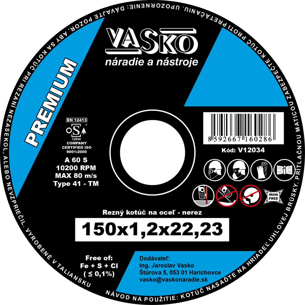 Rezný kotúč na kov a nerez 150 x 1,2 x 22,2  PREMIUM