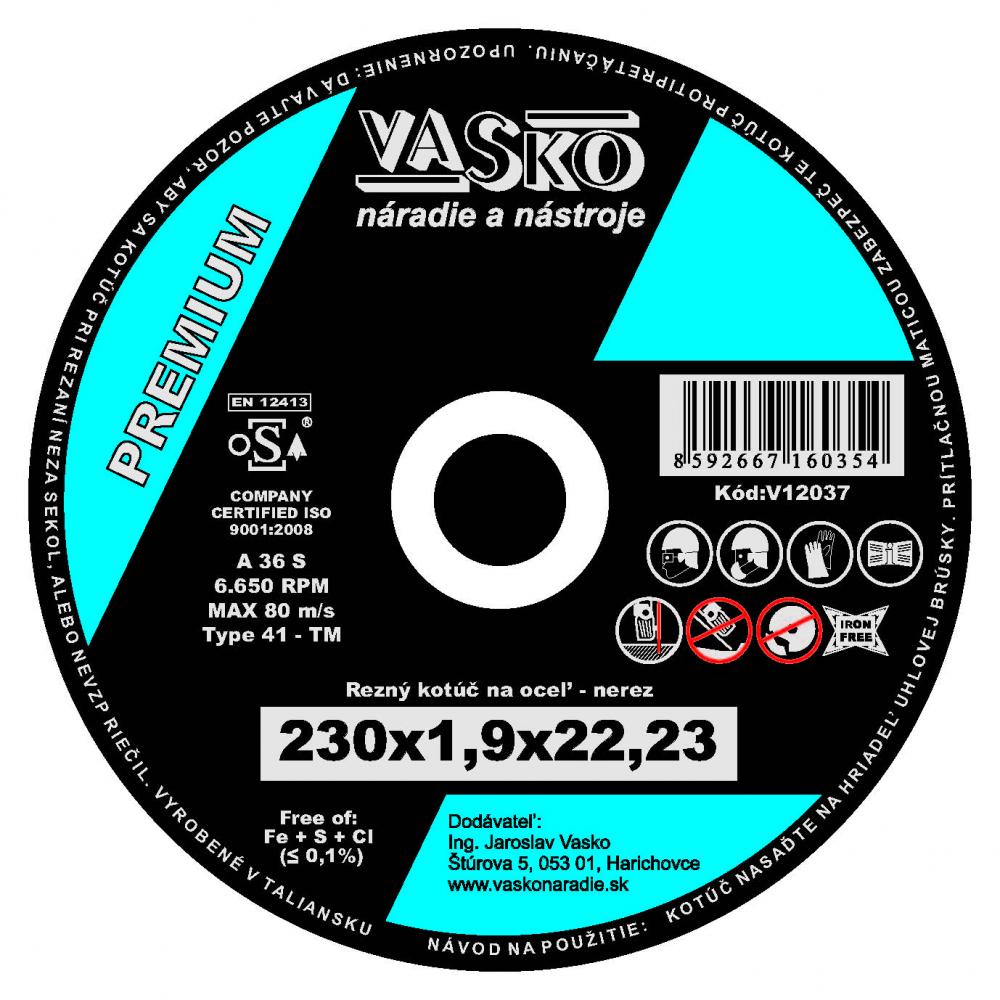 Rezný kotúč na kov a nerez 230 x 1,9 x 22,2  PREMIUM