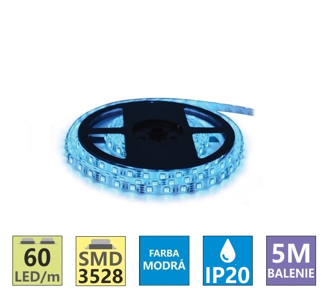 LED pásik čip 3528 12V 4,8W/1m IP20 balenie 5m modrá